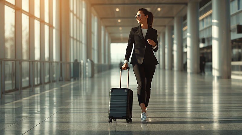 Confident traveler walking through airport terminal with carry-on luggage only