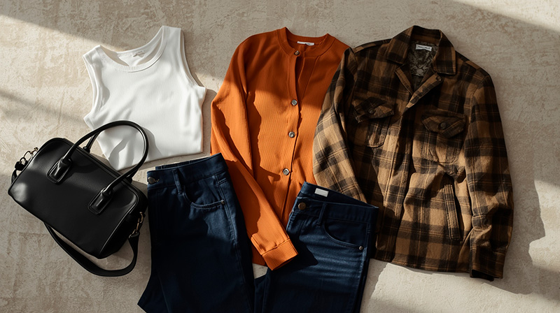 Minimalist capsule wardrobe flat lay with neutral clothing and carry-on bag